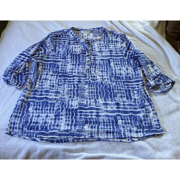 C. D. DANIELS Top 2X Casual Blue Stretch Roll Tab Abstract Striped Button - Picture 1 of 16